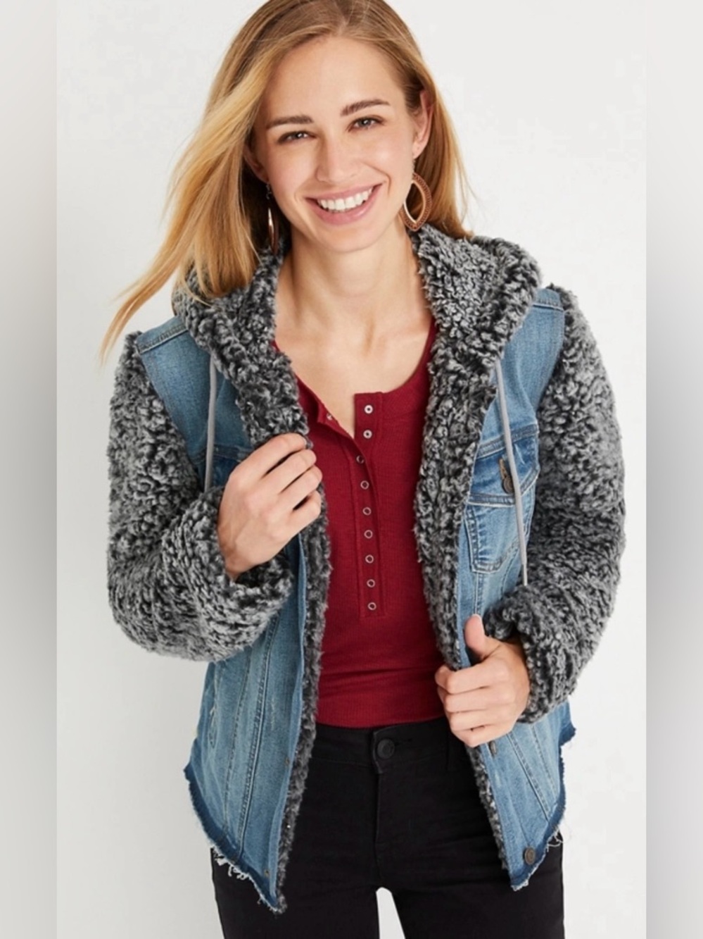 Maurices Denim Jacket with Gray Sherpa Hood